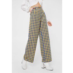 Nasty Gal | Plaid Trouser Pants Yellow + Blue Gingham High Waist Wide Leg size M